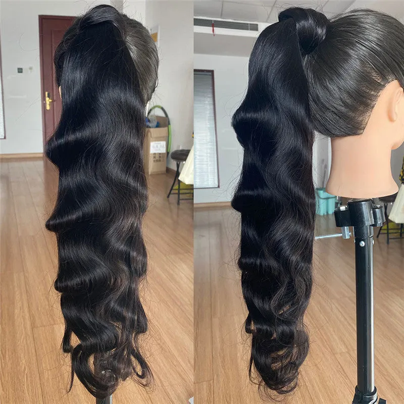 Black real human hair bandage bundled ponytail extension from Wig Jurchen available in 40-70cm lengths
