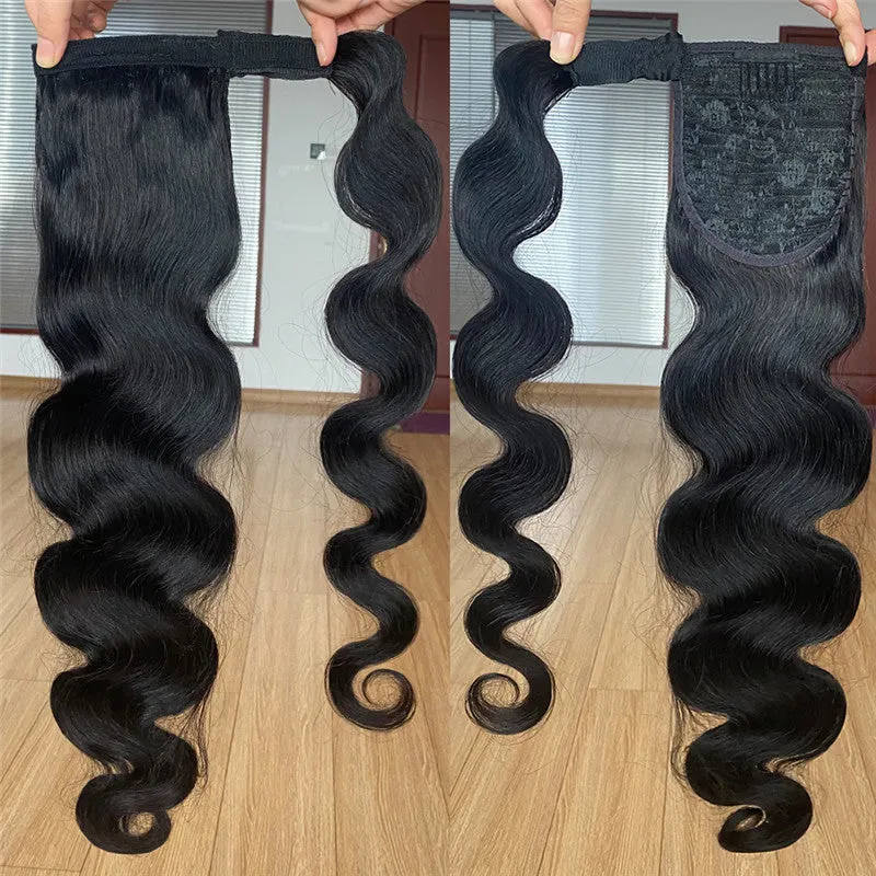 Black real human hair bandage bundled ponytail extension from Wig Jurchen available in 40-70cm lengths