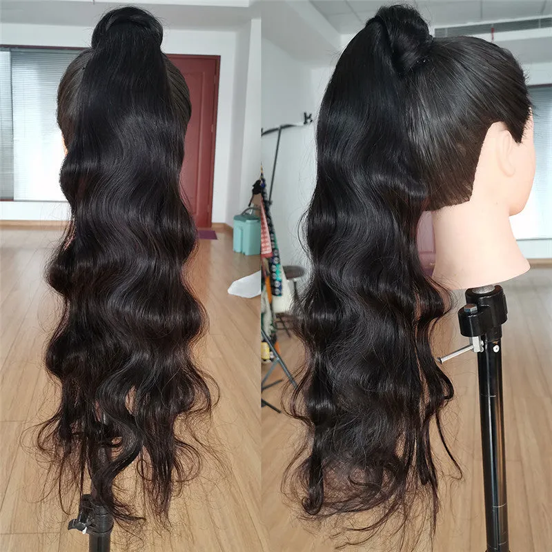 Black real human hair bandage bundled ponytail extension from Wig Jurchen available in 40-70cm lengths