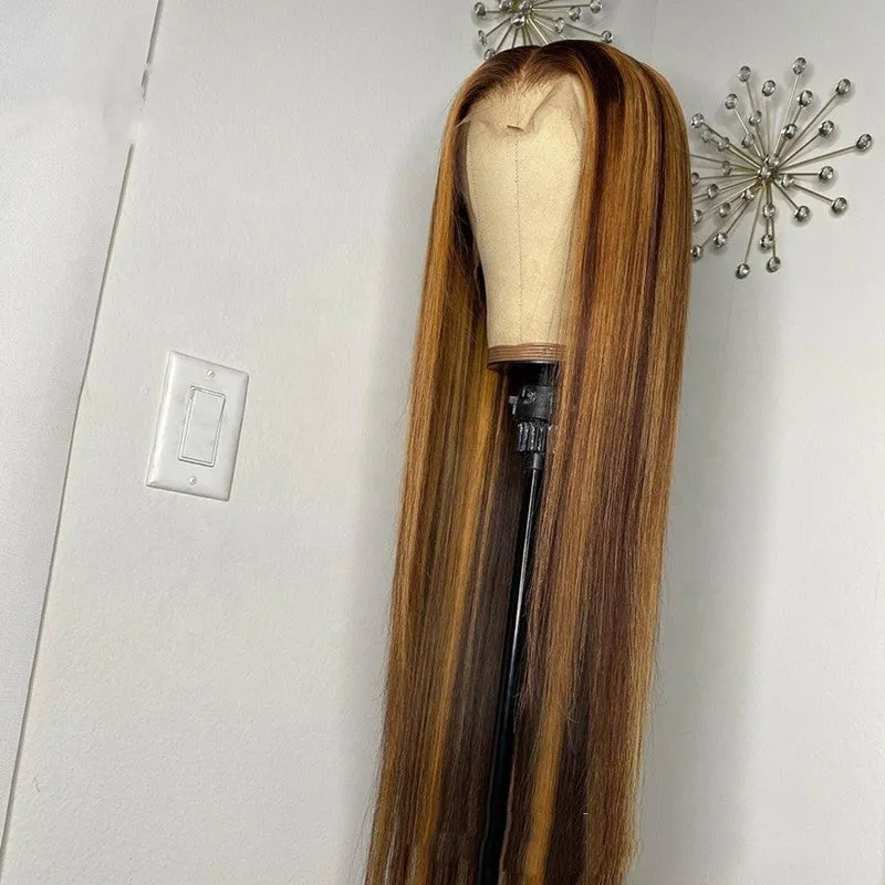 Piano colour real human hair T-shaped headgear with long hair strands on a plain background