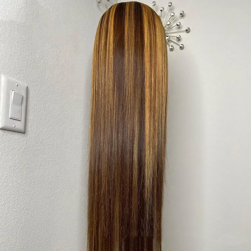 Piano colour real human hair T-shaped headgear with long hair strands on a plain background