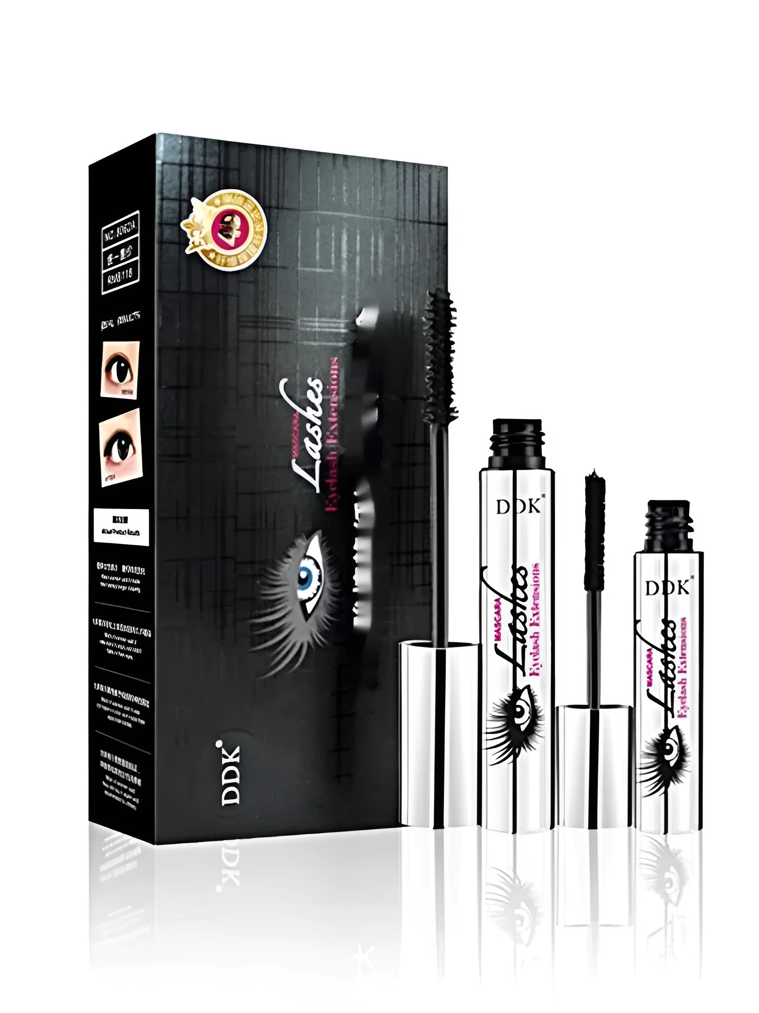 Waterproof rolling mascara tube in black with rotating brush for flake-free, long-lasting lashes