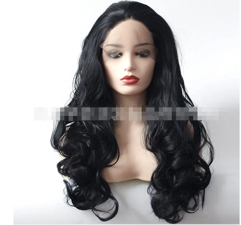 Black big wave front lace wig in 14-28 inch sizes made from heat resistant chemical fiber