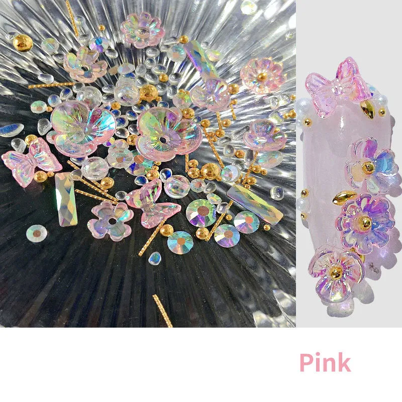 Jar of nail sequins with flower and butterfly shapes in 6 colours, 15g net content