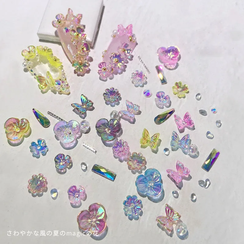 Jar of nail sequins with flower and butterfly shapes in 6 colours, 15g net content