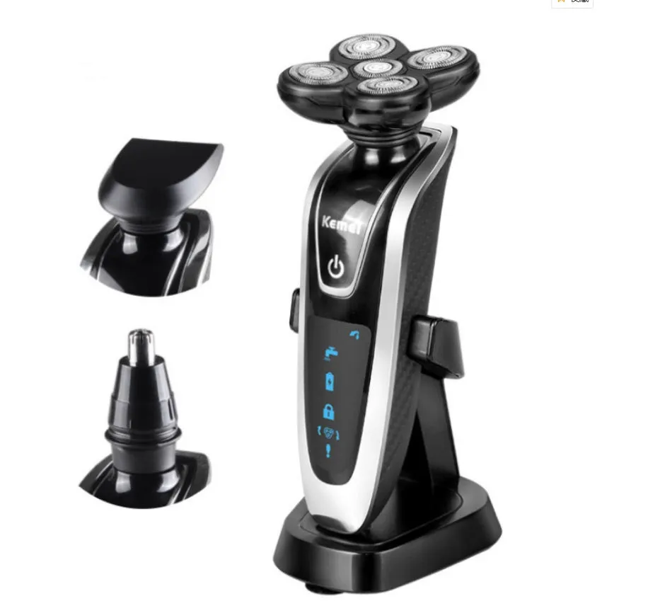 Smart rechargeable razor with ABS body, corner cutter head, nose hair trimmer, charging base, and carrying bag