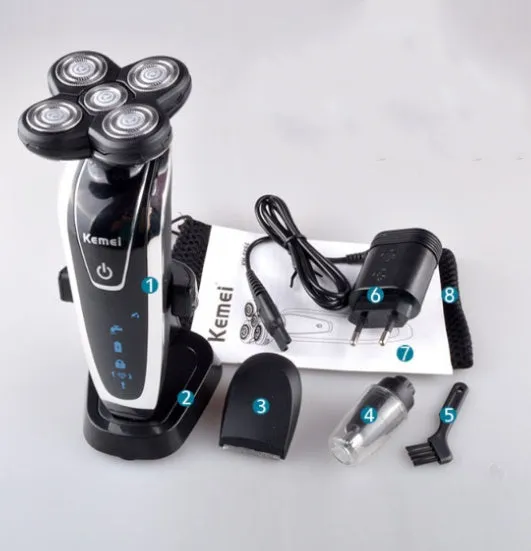 Smart rechargeable razor with ABS body, corner cutter head, nose hair trimmer, charging base, and carrying bag