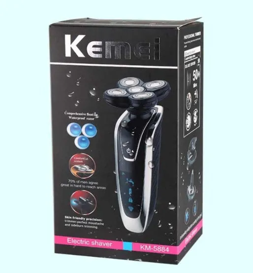 Smart rechargeable razor with ABS body, corner cutter head, nose hair trimmer, charging base, and carrying bag