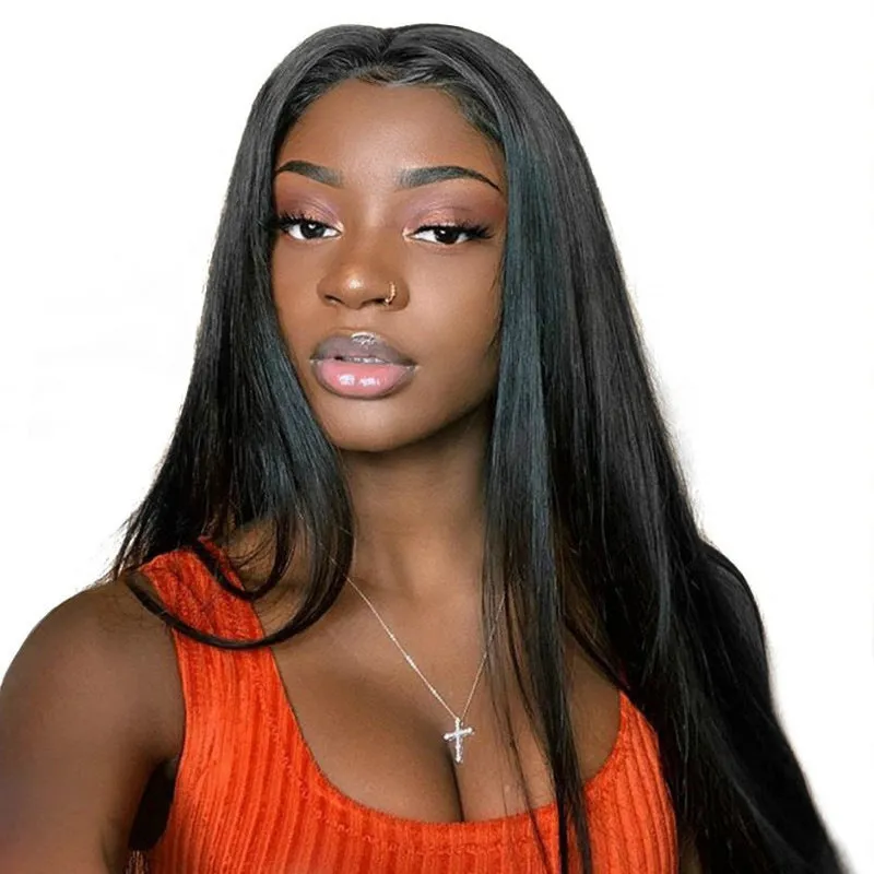 Long straight black synthetic wig with centre-parted bangs on a mannequin head.