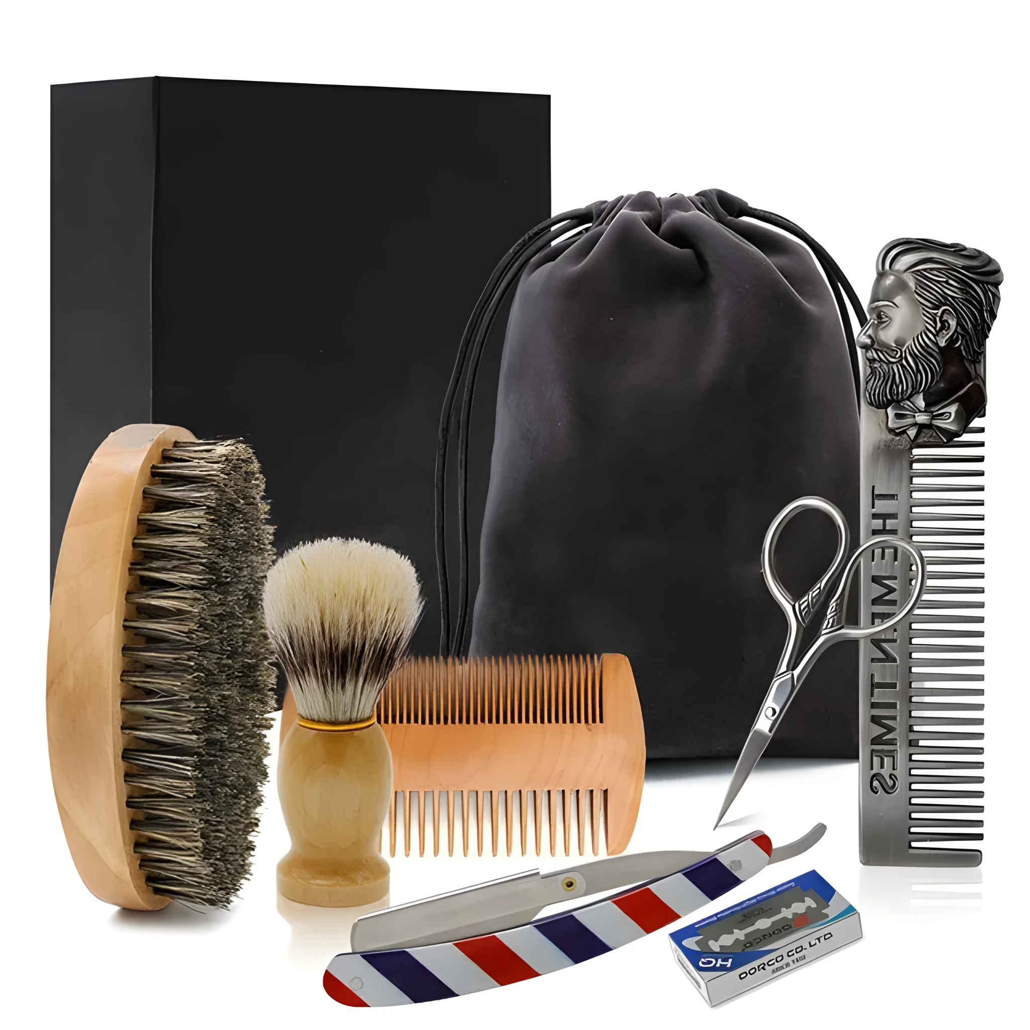 Complete shaving kit beard care set with oval brush, wood comb, metal comb, straight razor, scissors, travel bag and gift box