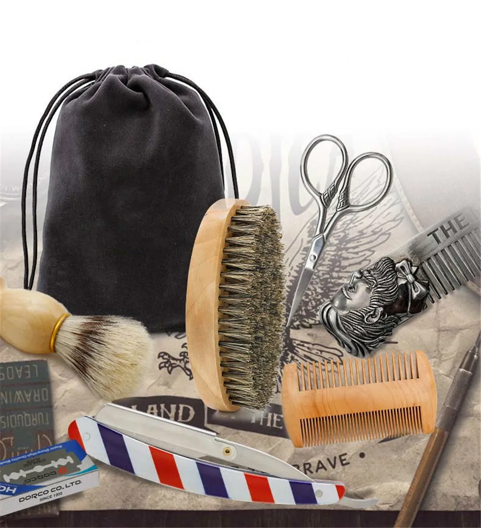 Complete shaving kit beard care set with oval brush, wood comb, metal comb, straight razor, scissors, travel bag and gift box