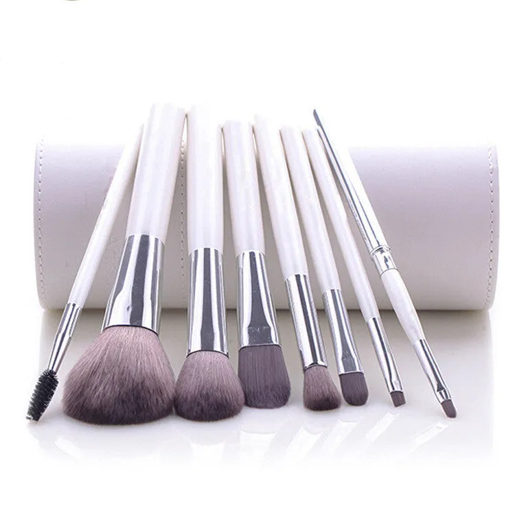 8-piece makeup brush set with nylon bristles, wooden handles, foundation blush and eye shadow brushes in multiple colours