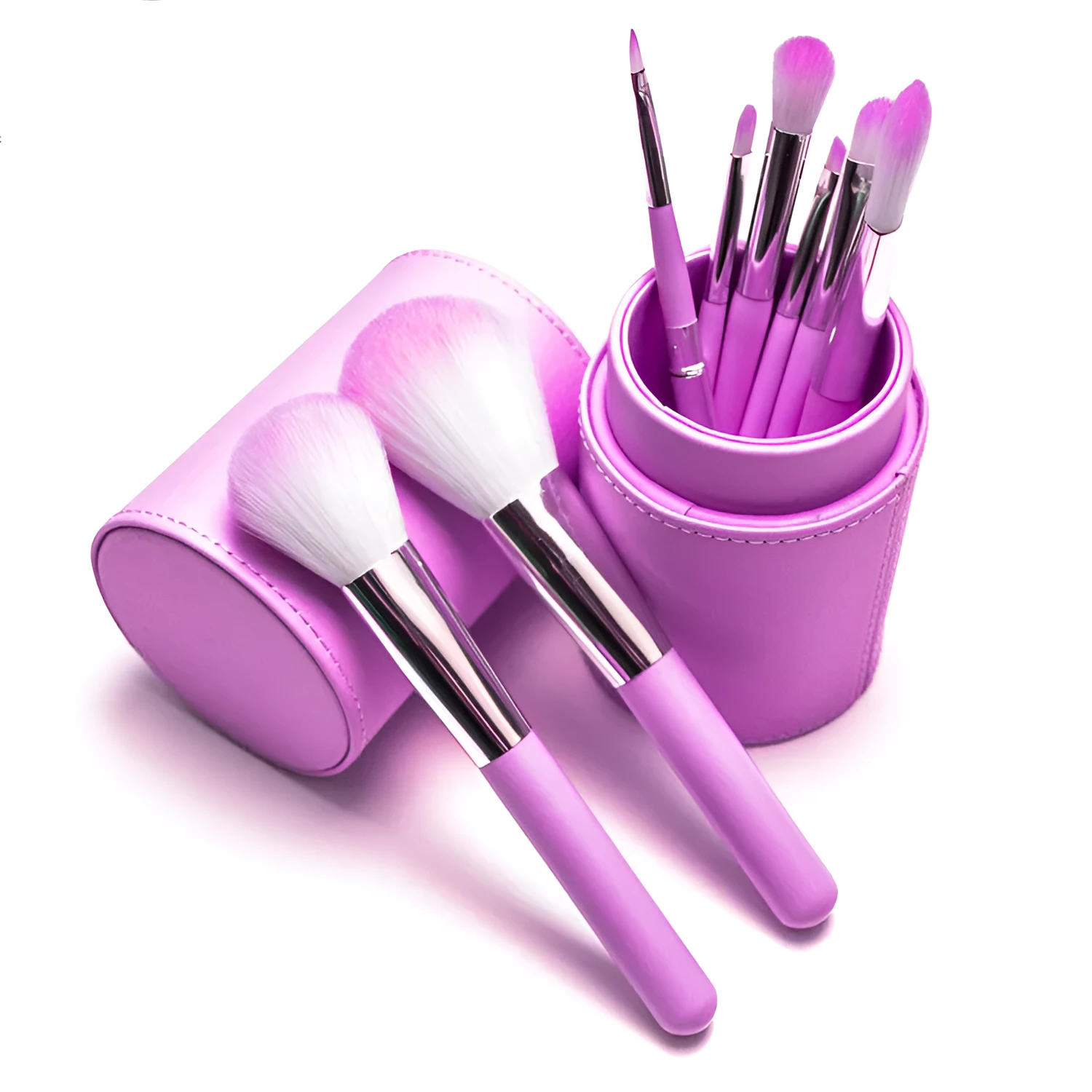8-piece makeup brush set with nylon bristles, wooden handles, foundation blush and eye shadow brushes in multiple colours