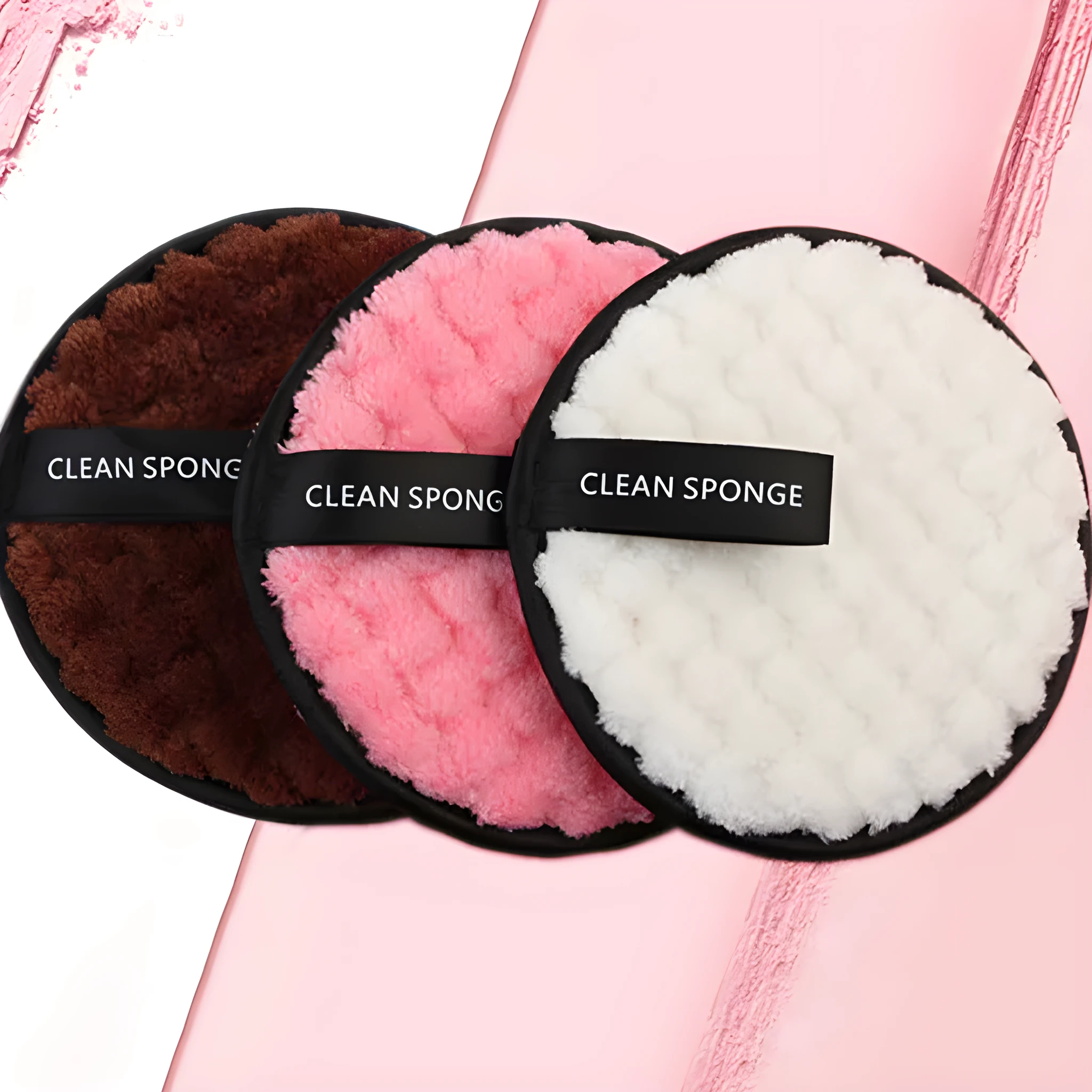 Clear water makeup puff in white, pink, and brown synthetic sponge, 12cm diameter