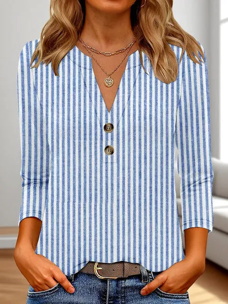 Women's loose-fit casual V-neck top with a 3D printed pattern, available in multiple colours.