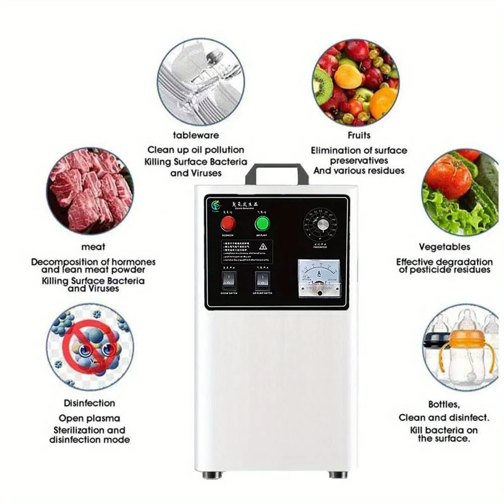 Household ozone generator for fruit and vegetables in stainless steel or white finish.
