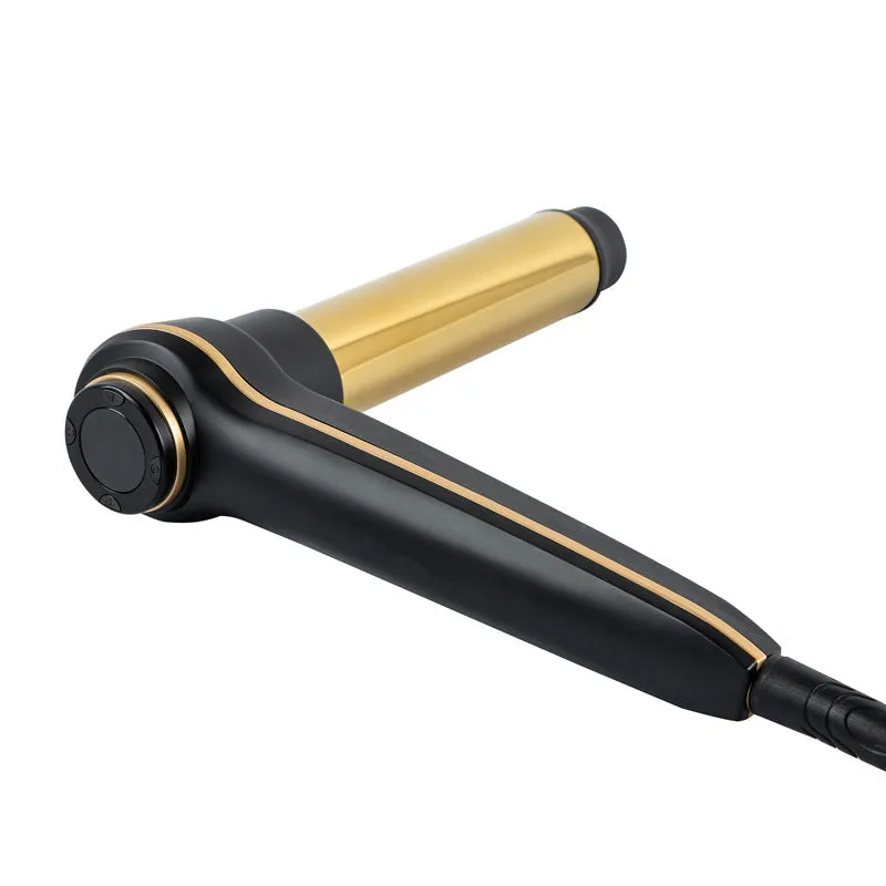 Gold aluminium alloy hair curler with LCD screen and ceramic-coated heating tube on surface