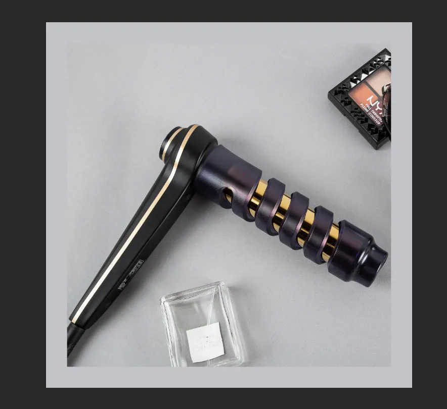 Gold aluminium alloy hair curler with LCD screen and ceramic-coated heating tube on surface