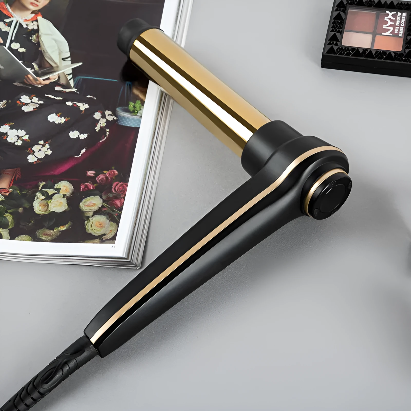 Gold aluminium alloy hair curler with LCD screen and ceramic-coated heating tube on surface