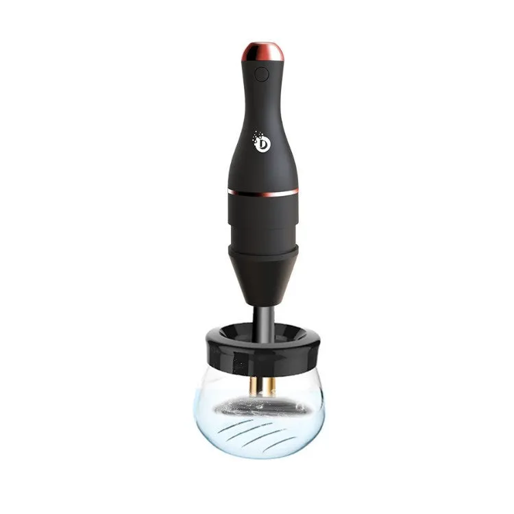 Electric makeup brush cleaner in black with USB cable and cleaning tank for automatic brush head cleaning