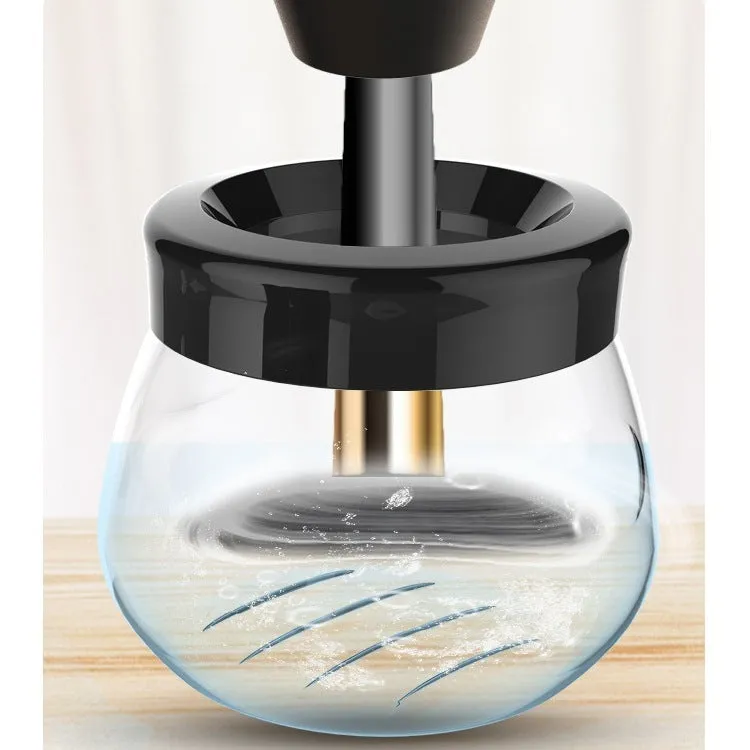 Electric makeup brush cleaner in black with USB cable and cleaning tank for automatic brush head cleaning