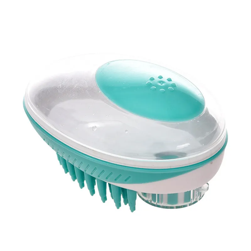 2-in-1 pet bath massage brush with ergonomic handle, silicone bristles in blue, for small to medium dogs and cats