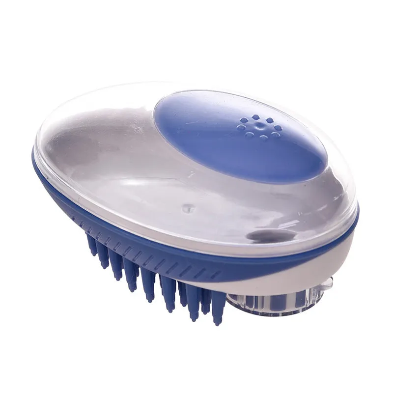 2-in-1 pet bath massage brush with ergonomic handle, silicone bristles in blue, for small to medium dogs and cats