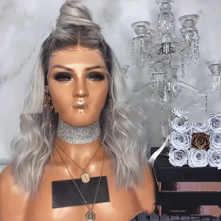 Black and gray mixed long curly wig with micro-volume on a mannequin, silver colour option