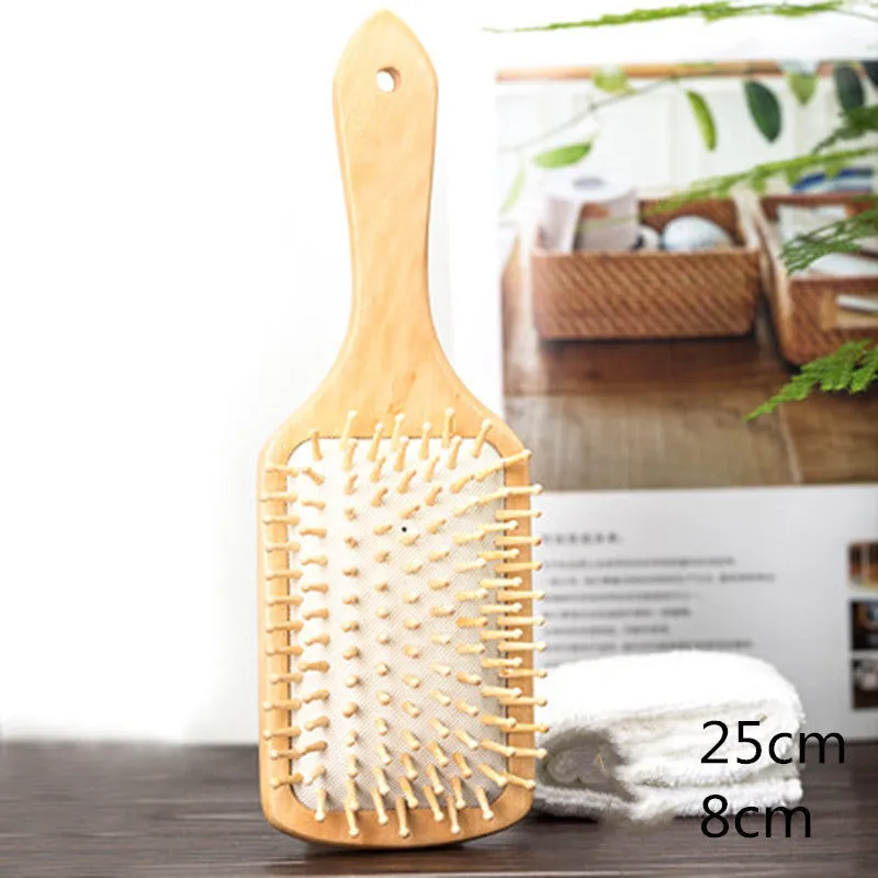 Wooden paddle cushion hairbrush with cushioned bristles, 22cm length for scalp massage and detangling
