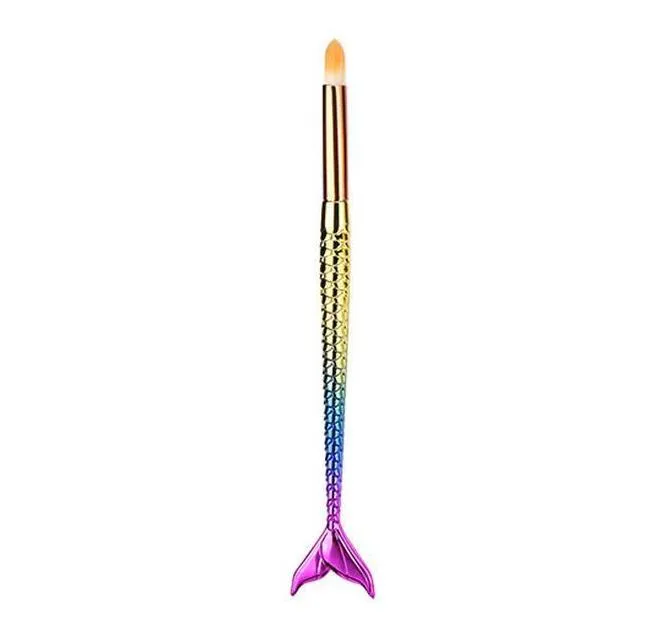 10 mermaid makeup brushes with multicolour nylon bristles and plastic handles laid flat