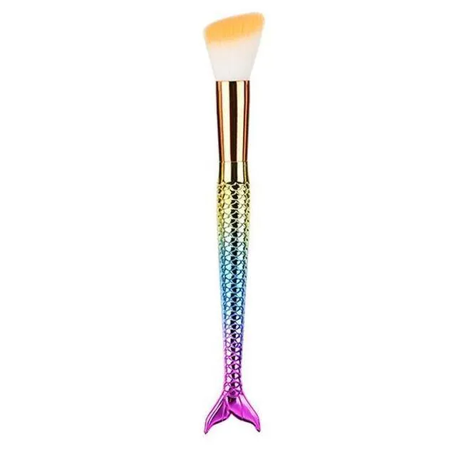 10 mermaid makeup brushes with multicolour nylon bristles and plastic handles laid flat