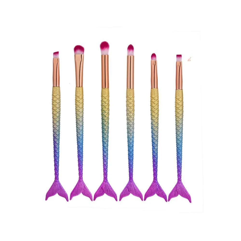 10 mermaid makeup brushes with multicolour nylon bristles and plastic handles laid flat