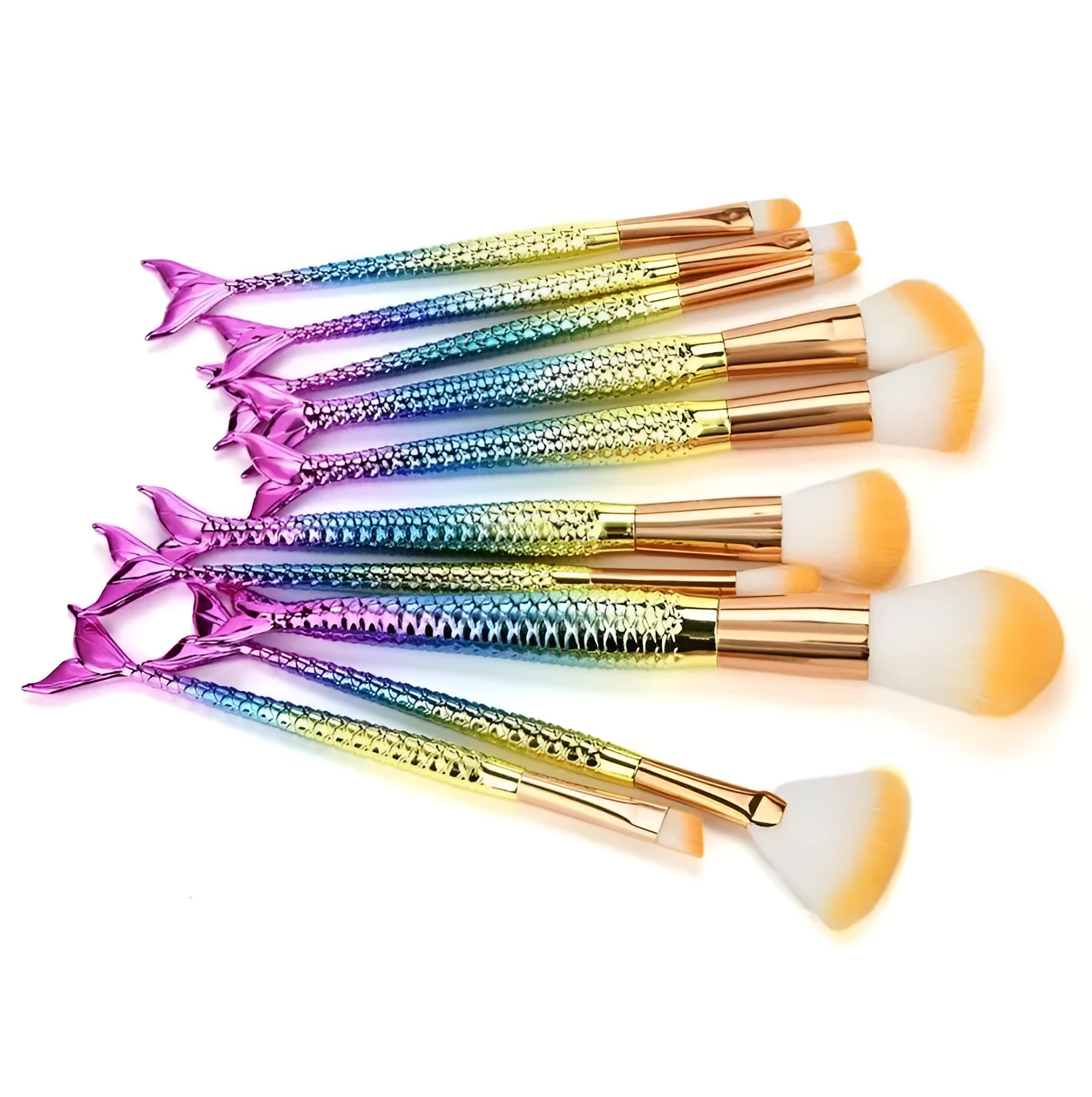 10 mermaid makeup brushes with multicolour nylon bristles and plastic handles laid flat