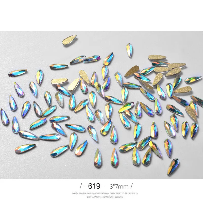 10 acrylic 3D nail art rhinestones in long water drop shape, 7x3mm, glitter finish, eleven colour options