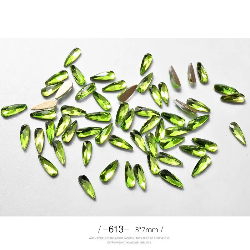 10 acrylic 3D nail art rhinestones in long water drop shape, 7x3mm, glitter finish, eleven colour options
