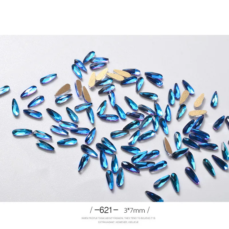 10 acrylic 3D nail art rhinestones in long water drop shape, 7x3mm, glitter finish, eleven colour options