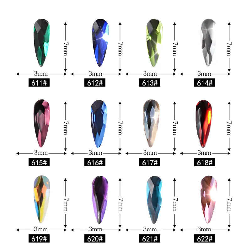 10 acrylic 3D nail art rhinestones in long water drop shape, 7x3mm, glitter finish, eleven colour options
