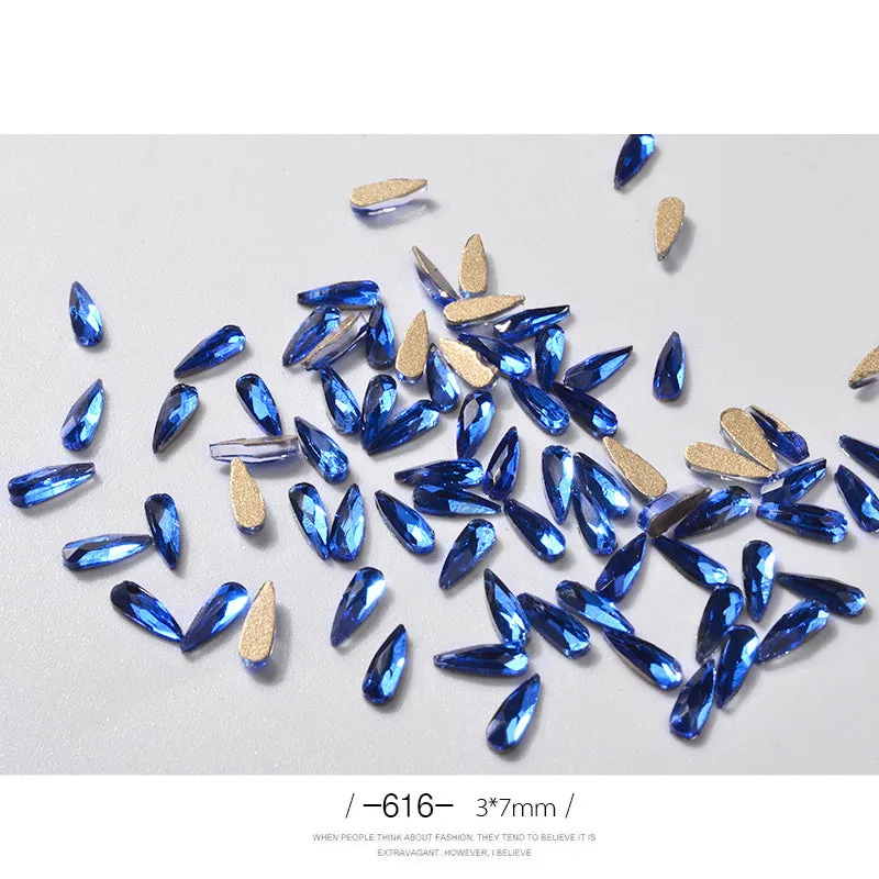 10 acrylic 3D nail art rhinestones in long water drop shape, 7x3mm, glitter finish, eleven colour options
