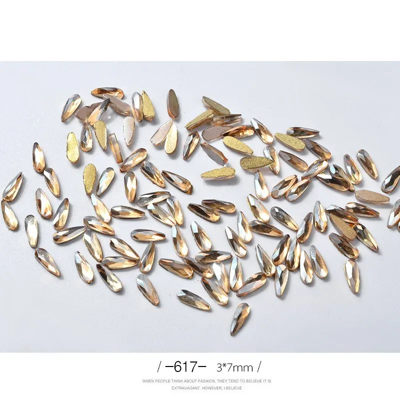 10 acrylic 3D nail art rhinestones in long water drop shape, 7x3mm, glitter finish, eleven colour options