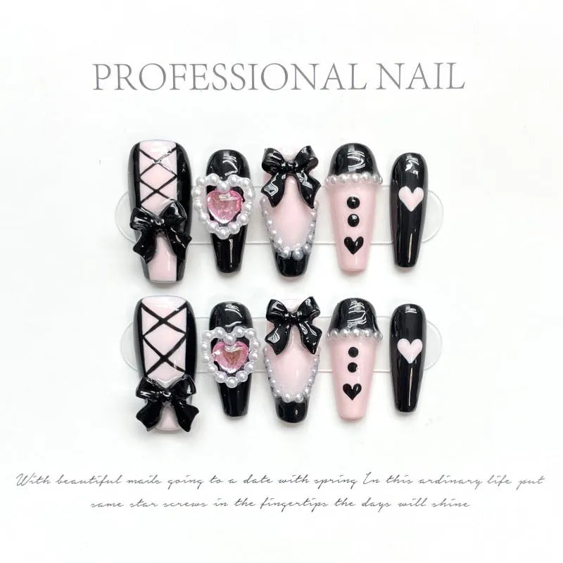 Black pink heart hand-painted artificial nails with bow patterns and cat's eye finish