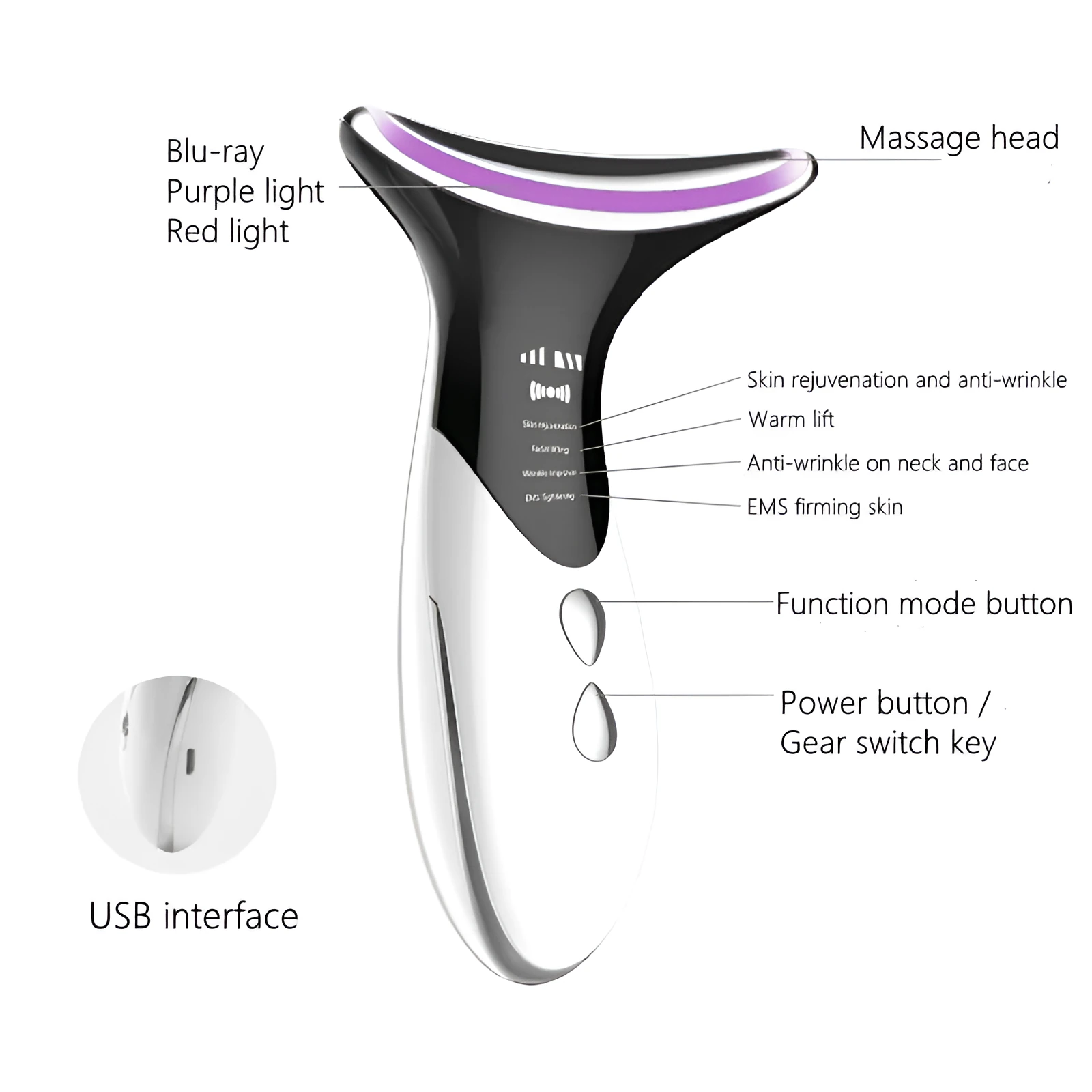 Elegant white neck and face massager with ultrasonic, colour light, and temperature functions for home use
