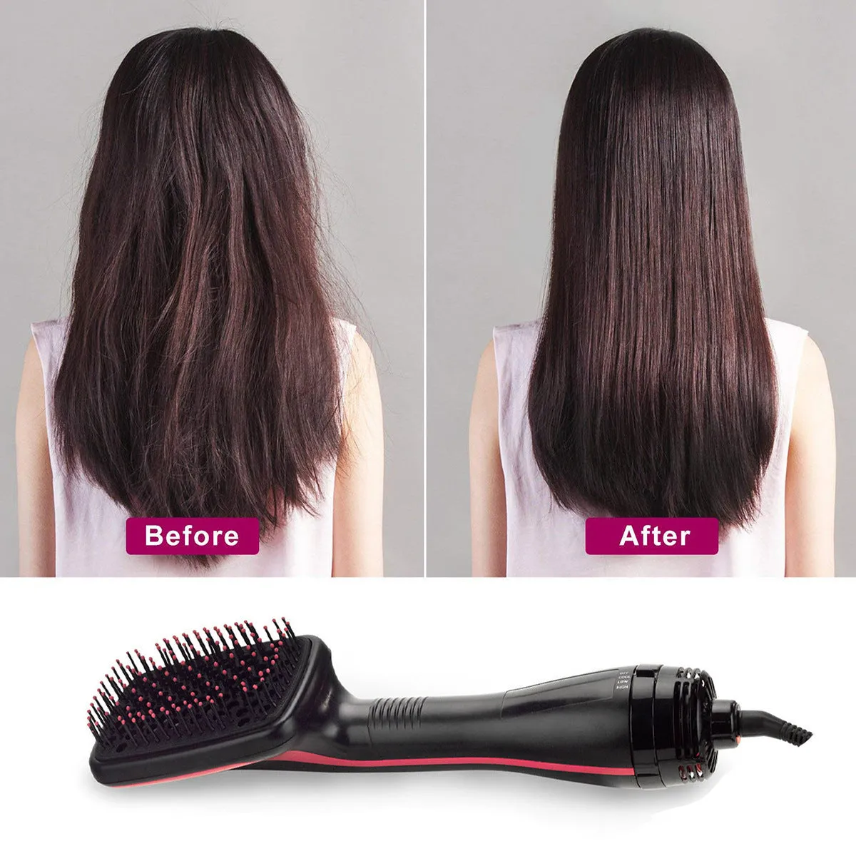 Black 2-in-1 electric hair dryer comb with 16-20mm alloy heat conductor and UK plug