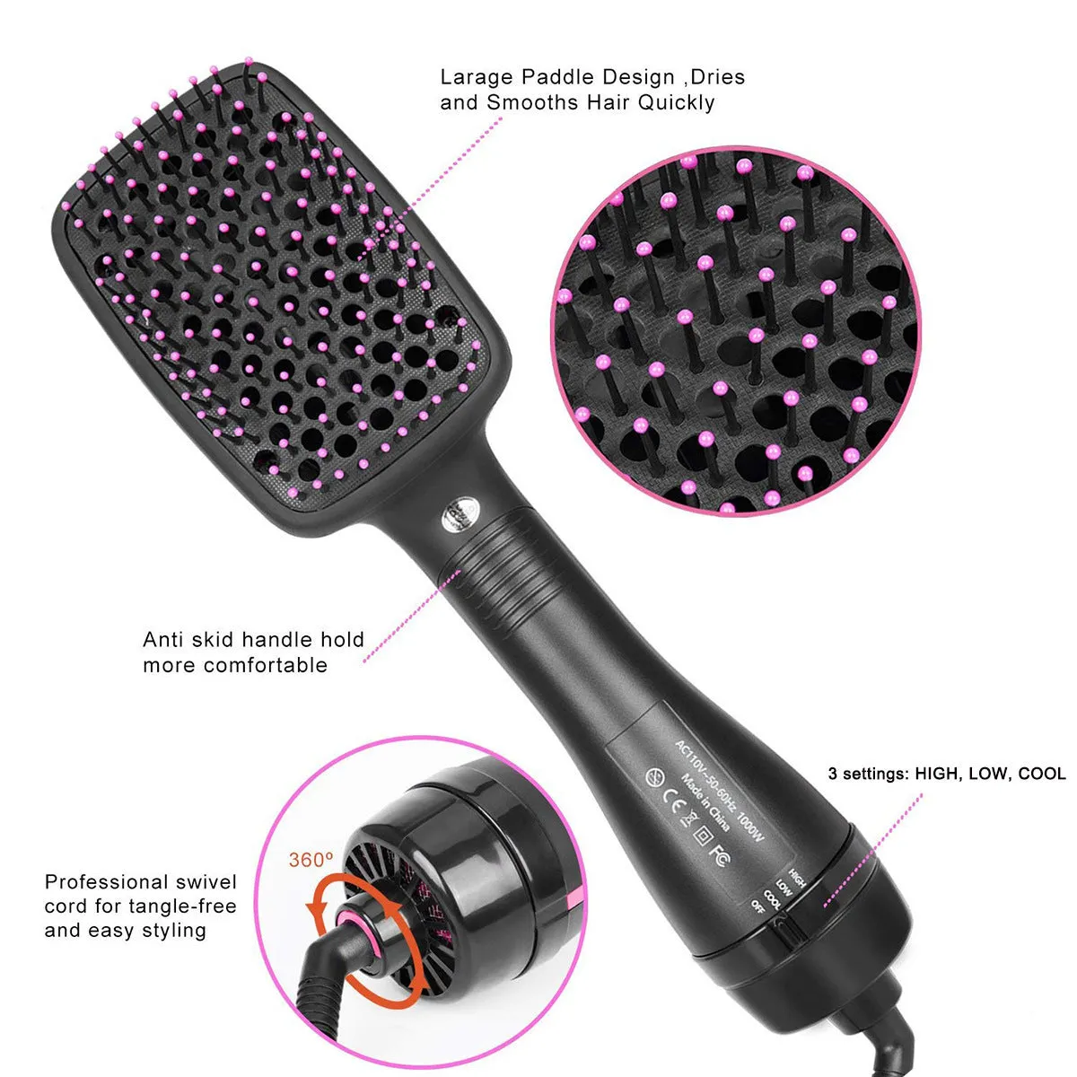 Black 2-in-1 electric hair dryer comb with 16-20mm alloy heat conductor and UK plug