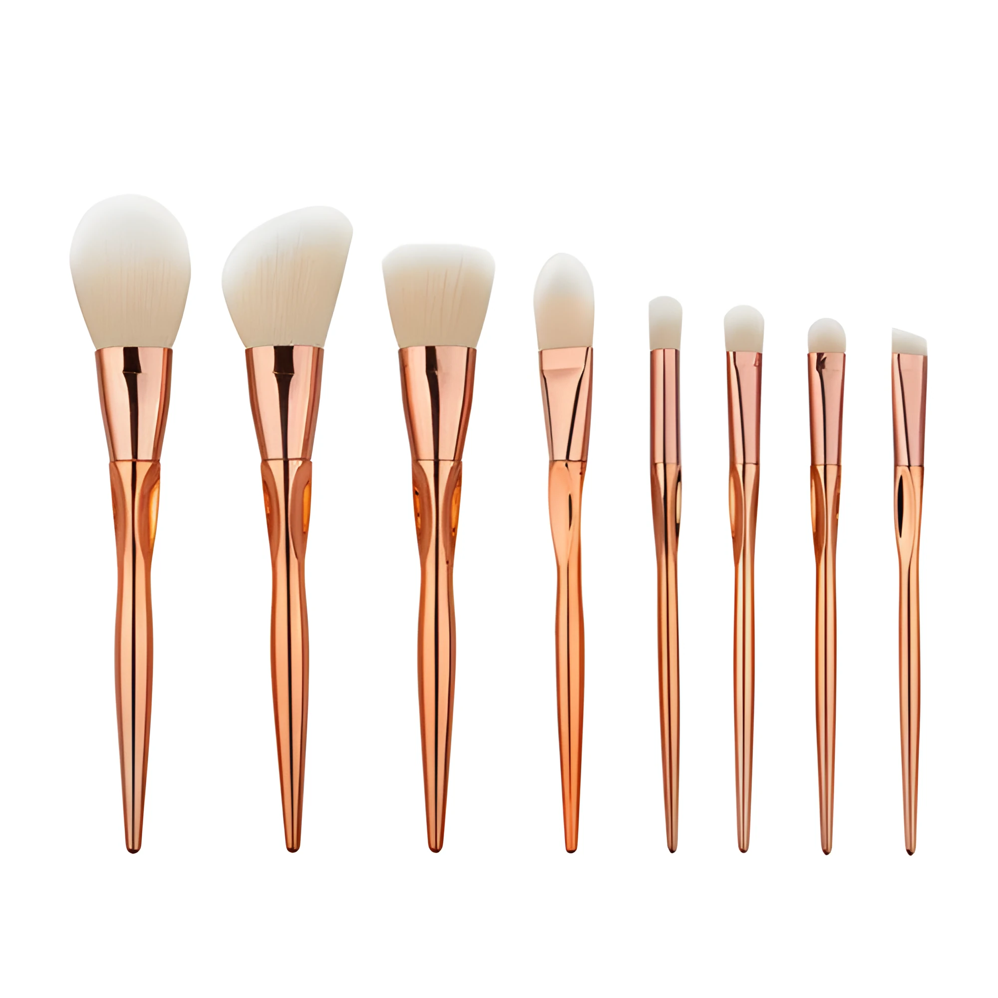 Foundation brush set with 8 artificial fibre bristle brushes and plastic long handle rods in multiple colours