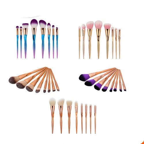 Foundation brush set with 8 artificial fibre bristle brushes and plastic long handle rods in multiple colours