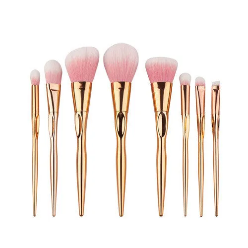 Foundation brush set with 8 artificial fibre bristle brushes and plastic long handle rods in multiple colours