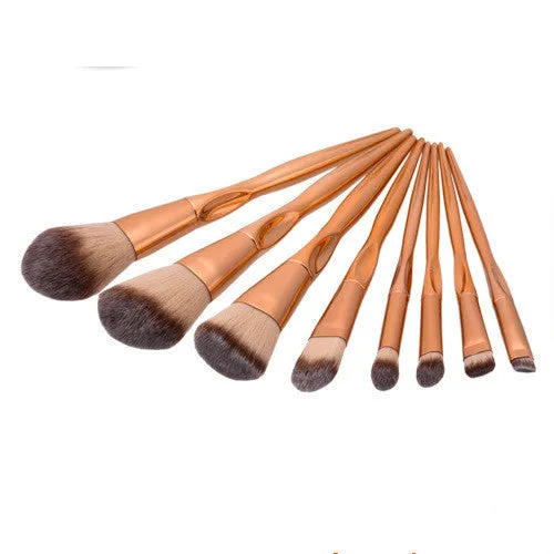 Foundation brush set with 8 artificial fibre bristle brushes and plastic long handle rods in multiple colours