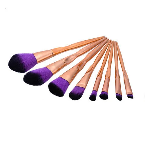 Foundation brush set with 8 artificial fibre bristle brushes and plastic long handle rods in multiple colours