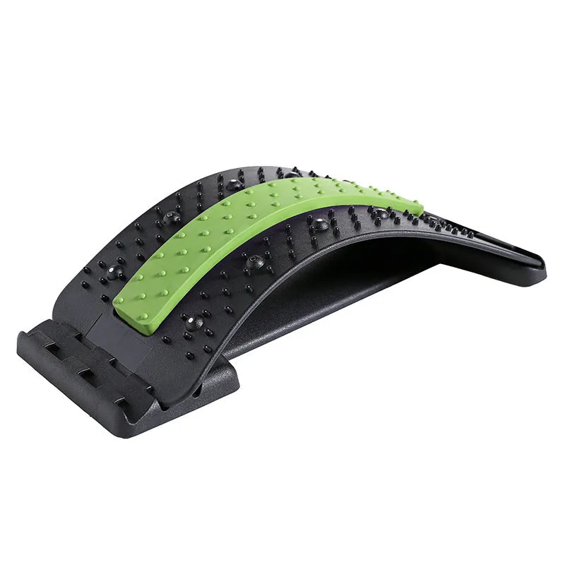 Blue lumbar disc corrector with rectangular trapezoid shape, adjustable 7/9/11 cm height, 38x25cm size, mechanical control, 8 massage heads
