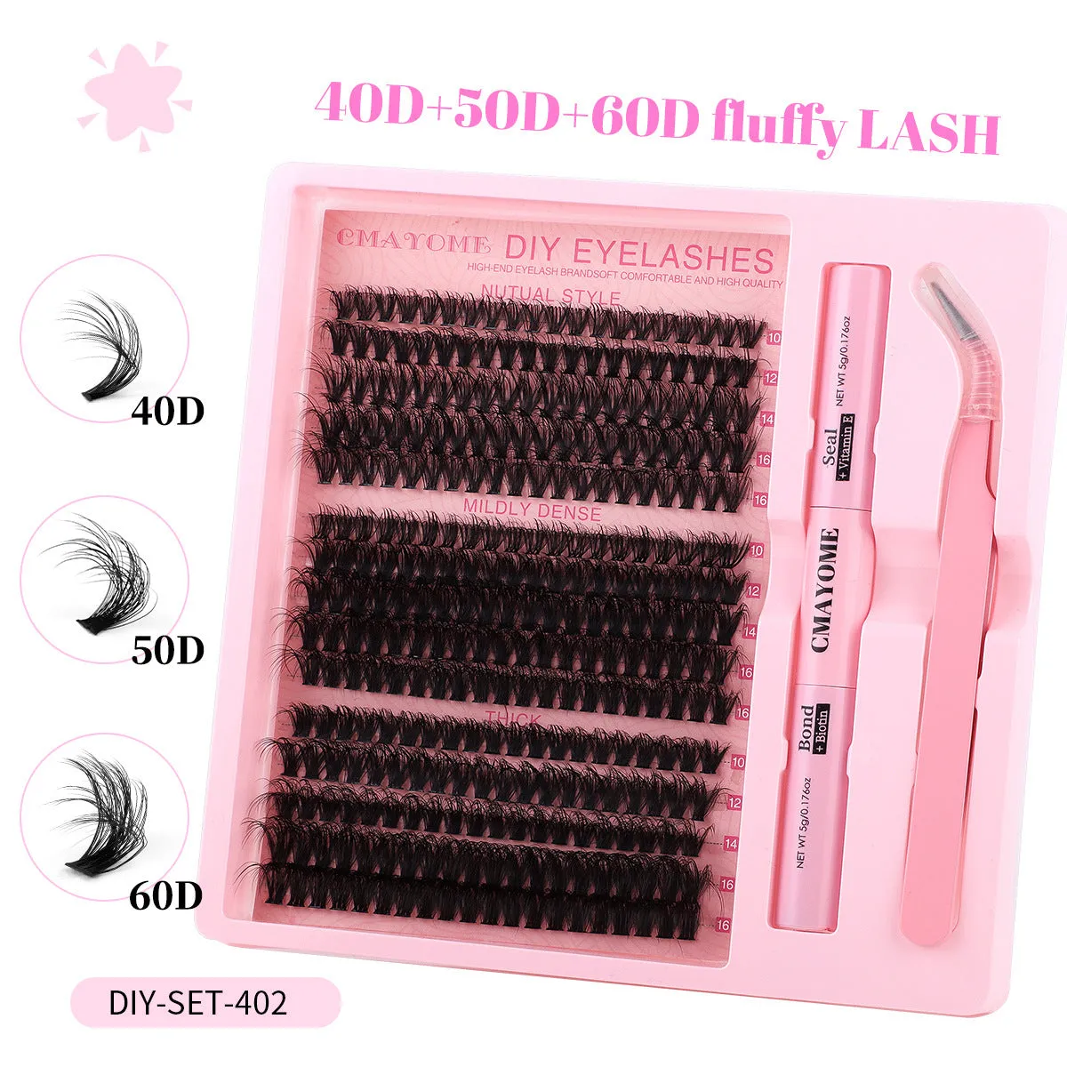 DIY false eyelashes extension suit with cluster lashes and metal tweezers